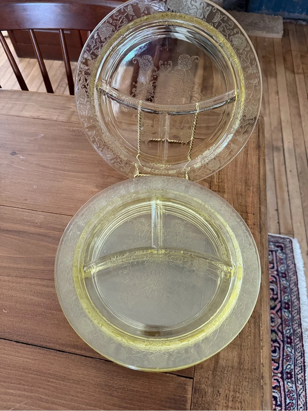 4 Topaz Yellow Depression Glass Divided Grill Plates 10.5” Floral Etched Lunch